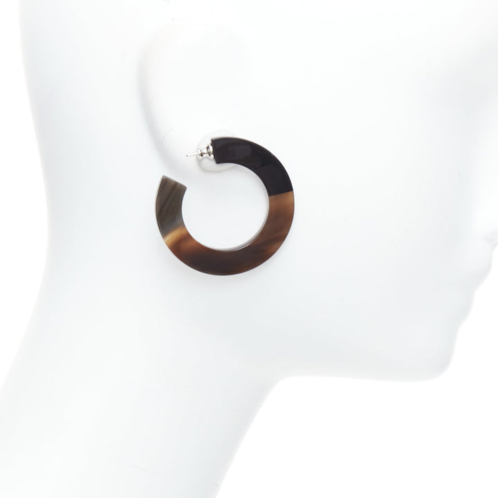 HERMES brown black buffalo horn palladium hoop pin earrings Pair