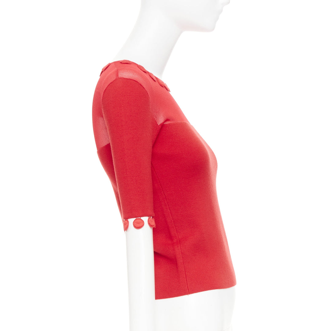 OSCAR DE LA RENTA 2019 red wool silk sheer tulle mesh yoke pom pom button top