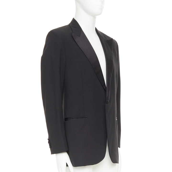 HERMES black wool blend satin peak lapel logo silk lined tuxedo blazer EU50 L