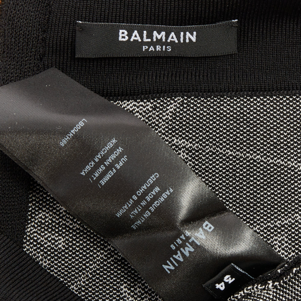 BALMAIN 2025 Label Jacquard Knit black white logo box intarsia skirt FR34 XS