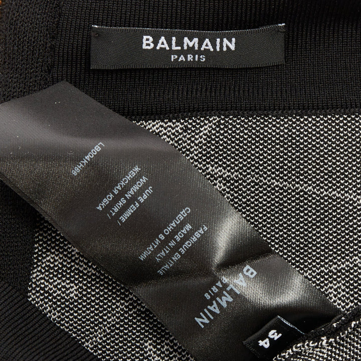 BALMAIN 2025 Label Jacquard Knit black white logo box intarsia skirt FR34 XS