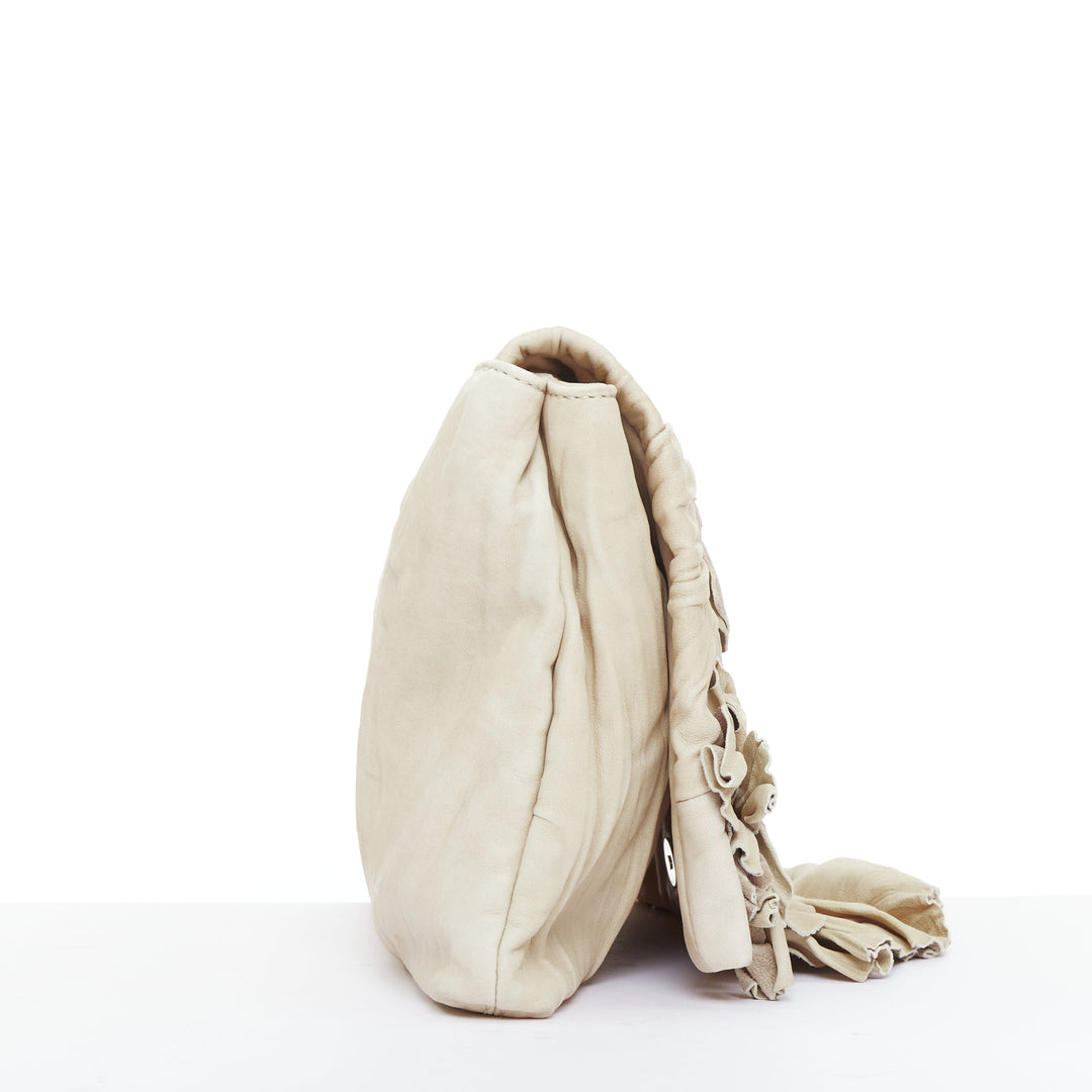 VALENTINO taupe leather crinkled petal rose applique flap crossbody bag
