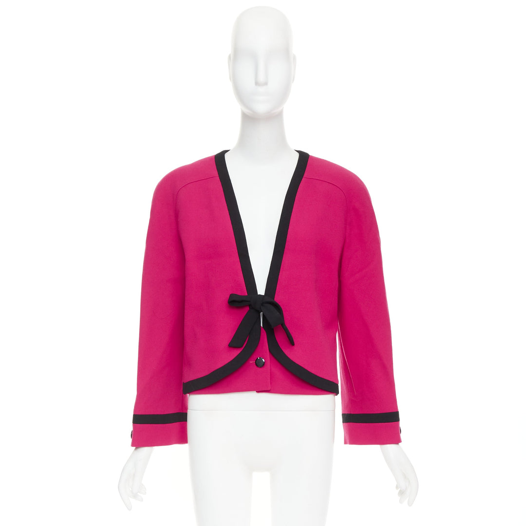 VALENTINO Vintage Miss V 1980's fuschia wool black bow cropped blazer IT44 L