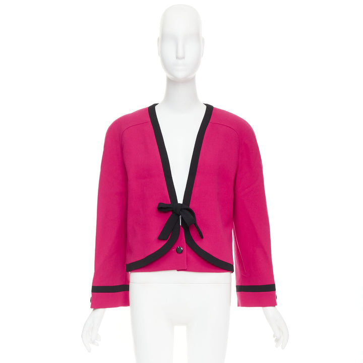 VALENTINO Vintage Miss V 1980's fuschia wool black bow cropped blazer IT44 L