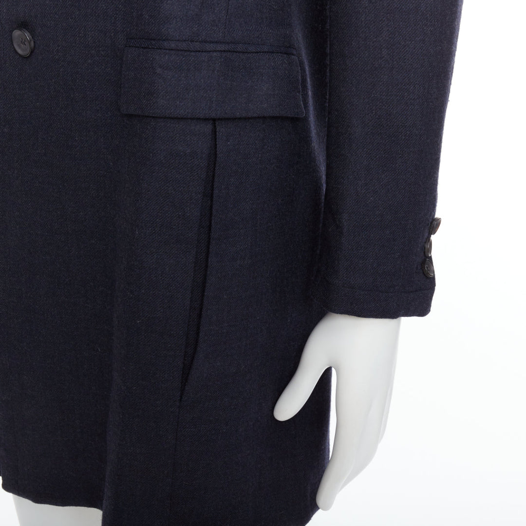 Male mannequin wearing Giuliano Fujiwara Navy Wool Men Coat in Size EU46 | Available at JHROP