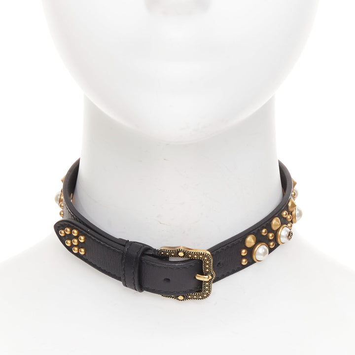 GUCCI 2017 black calfskin gold GG faux pearl embellished choker necklace