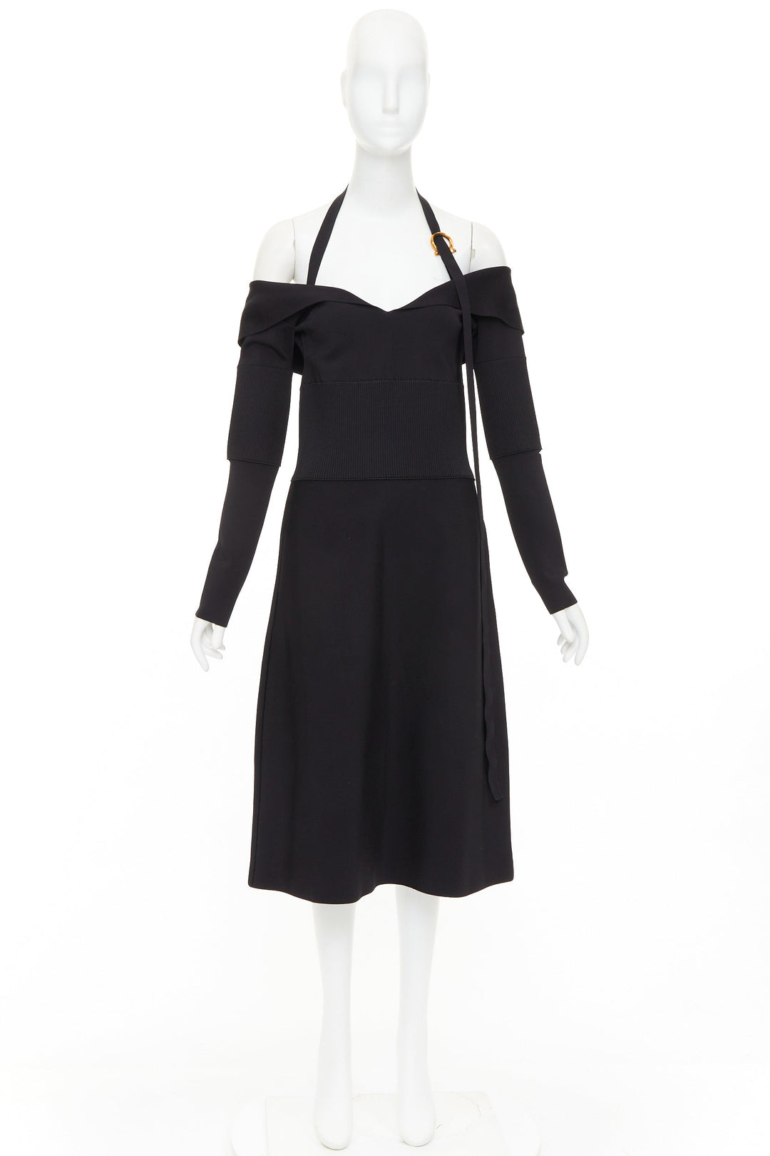 FERRAGAMO Maximilian Davis black gold Gancini halter knee dress L