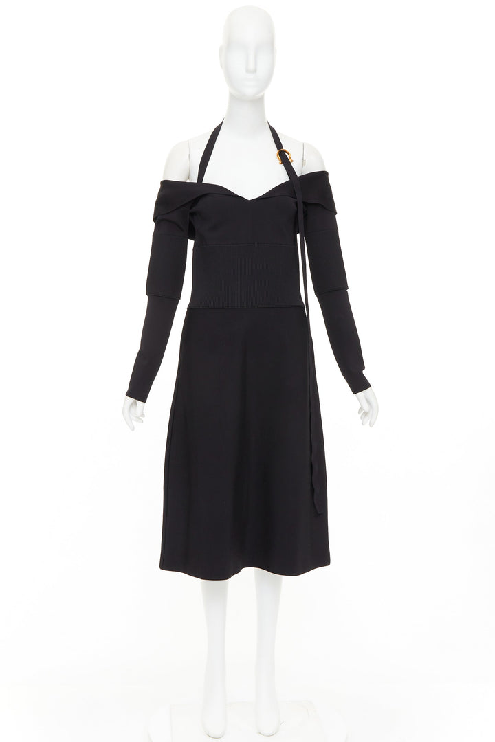 FERRAGAMO Maximilian Davis black gold Gancini halter knee dress L