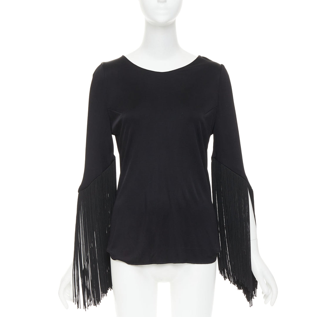 GALVAN 2018 Vesper black viscose fringe roped half sleeve bateau neck top FR40 S