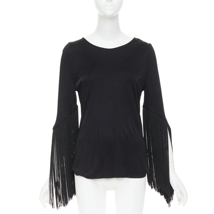 GALVAN 2018 Vesper black viscose fringe roped half sleeve bateau neck top FR40 S