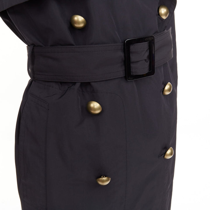 YVES SAINT LAURENT 2006 black nylon ruffle bronze button trench coat FR34 XS