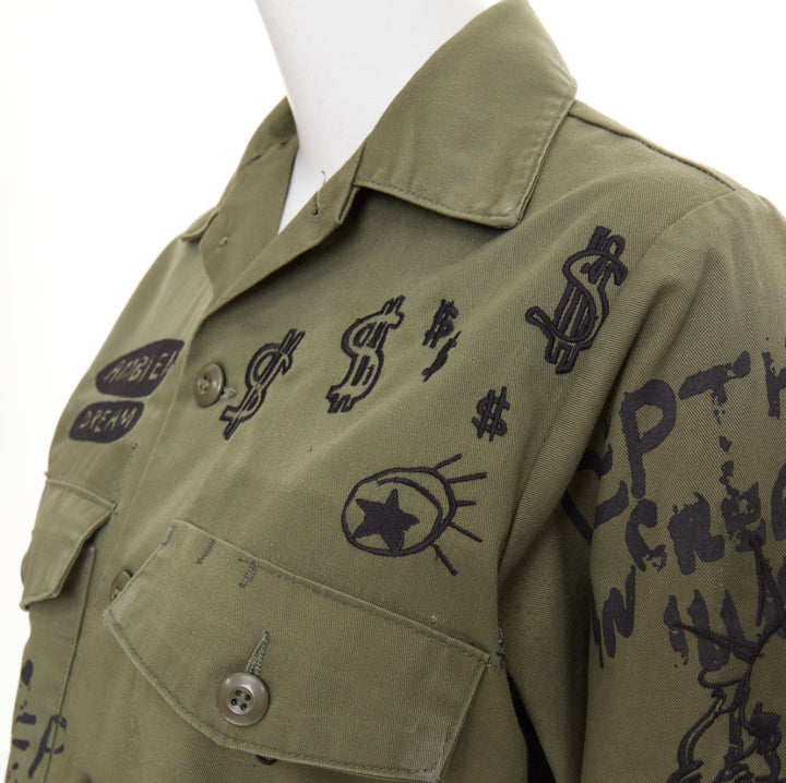 R13 2019 Repurposed Embroidered Surplus Fringe olive military shirt OS