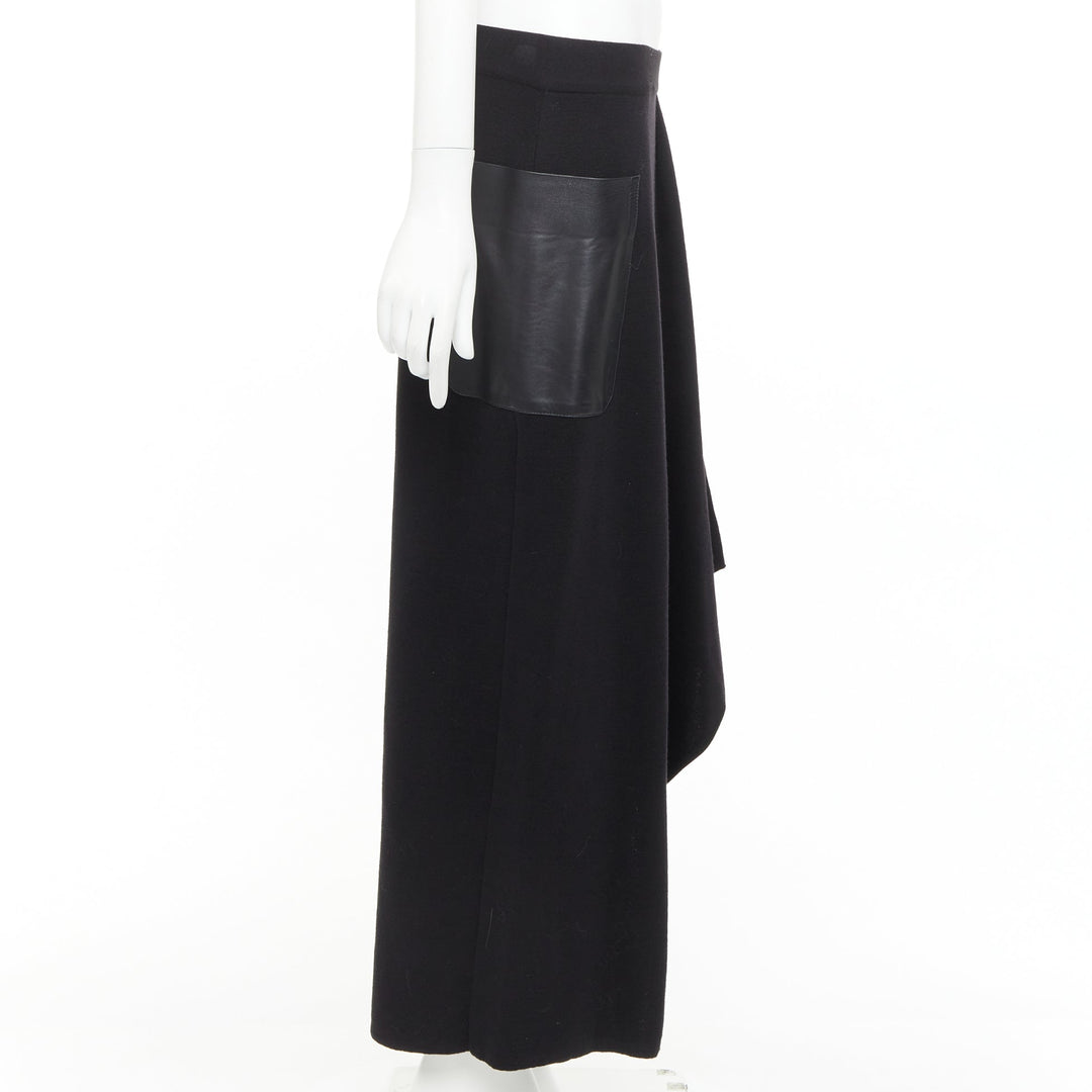 MAX MARA black leather patch pocket drape front mid waist midi skirt