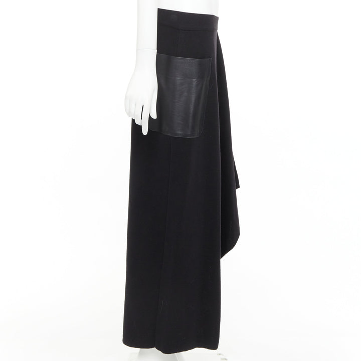 MAX MARA black leather patch pocket drape front mid waist midi skirt