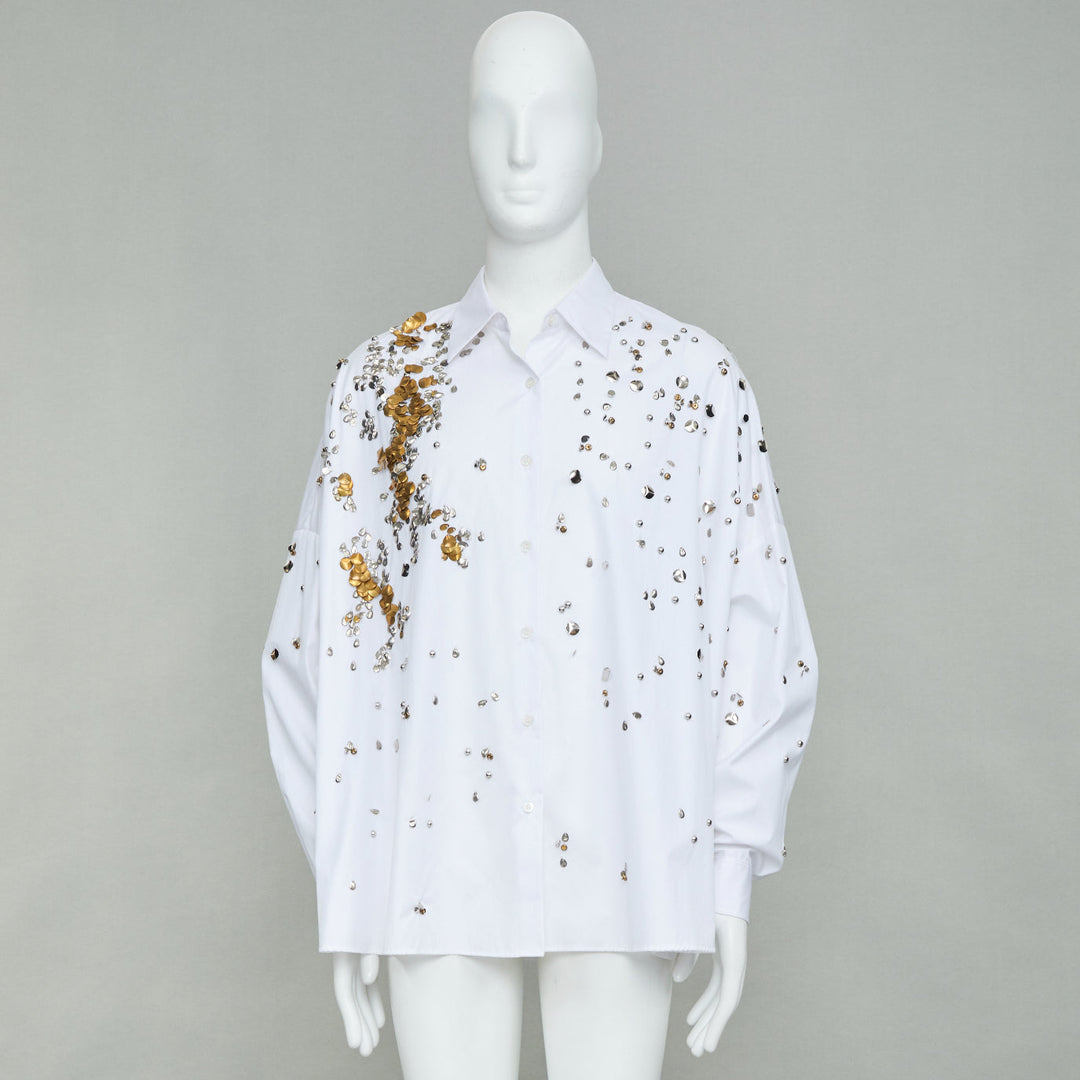 DRIES VAN NOTEN 2024 Casia white gold sequin bead embellished cotton shirt M