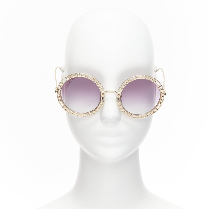 GUCCI GG1113S gold chain rim purple ombre lens round oversized sunnies