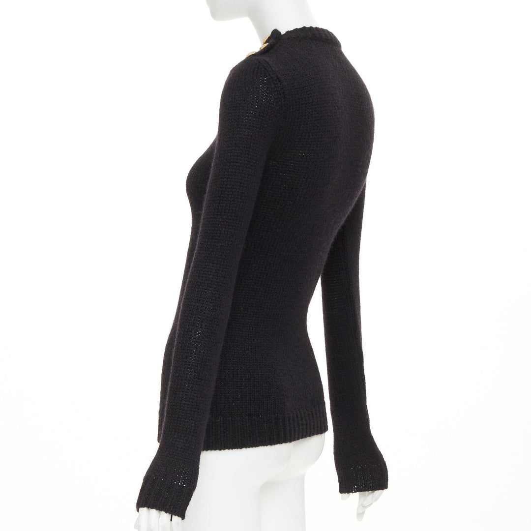 BALMAIN black mohair blend gold lion button crewneck long sleeve sweater FR34 XS