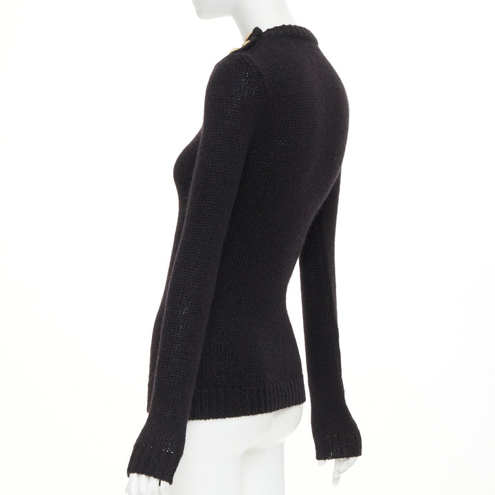 BALMAIN black mohair blend gold lion button crewneck long sleeve sweater FR34 XS
