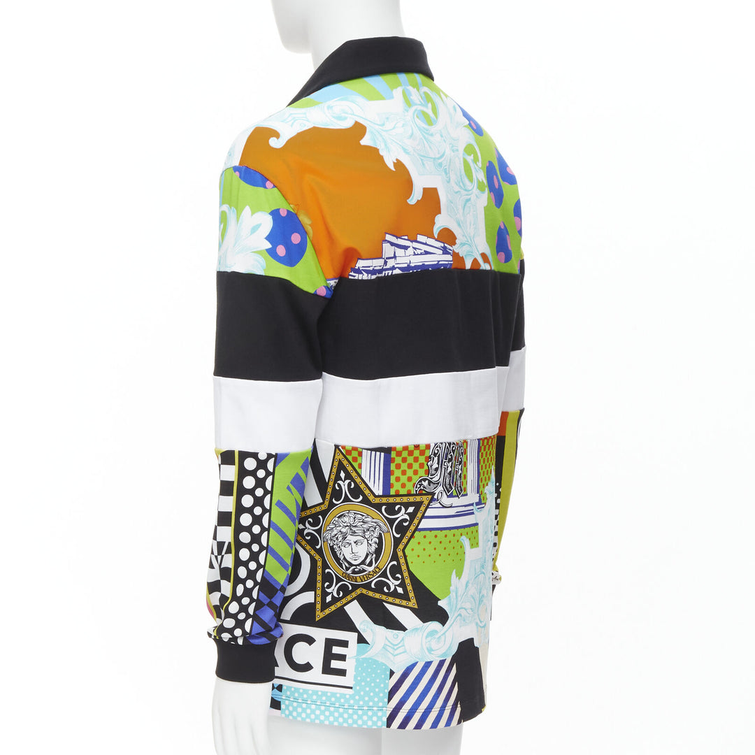 Male mannequin wearing Versace by Donatella Versace Pop Temple Spring Summer 2020 Limited Edition Runway Multicolour Cotton Men Polo Shirt in Size  L | Available at JHROP