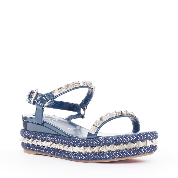 CHRISTIAN LOUBOUTIN Pyraclou 60 denim blue spikes platform wedges EU38