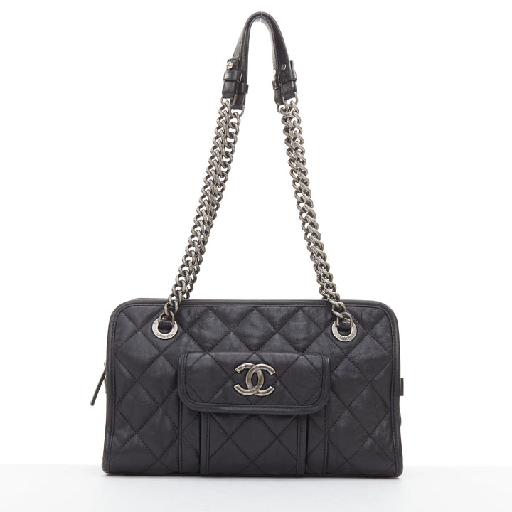 CHANEL Small Casual Riviera Zip black leather ruthenium CC chain shoulder bag