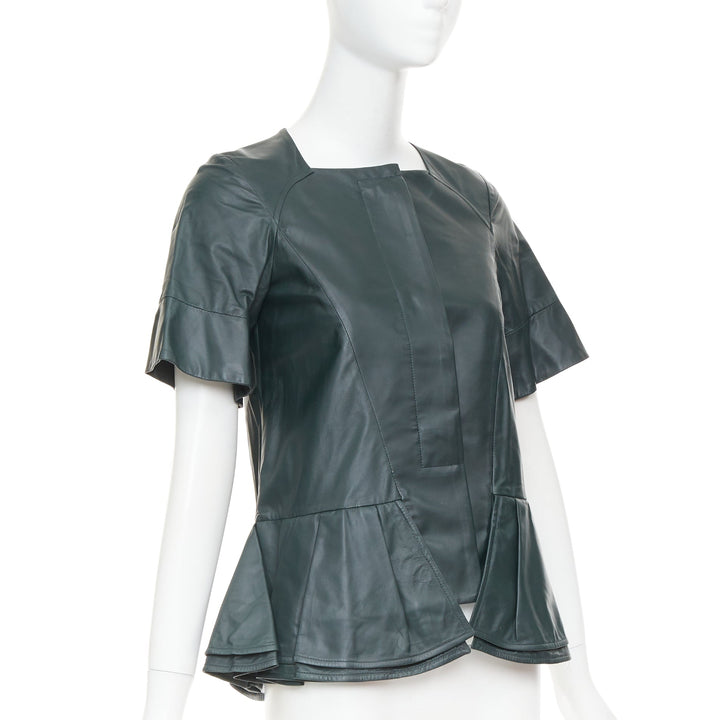 MARNI dark green nappa lamb leather panelled ruffled peplum jacket IT38 XS