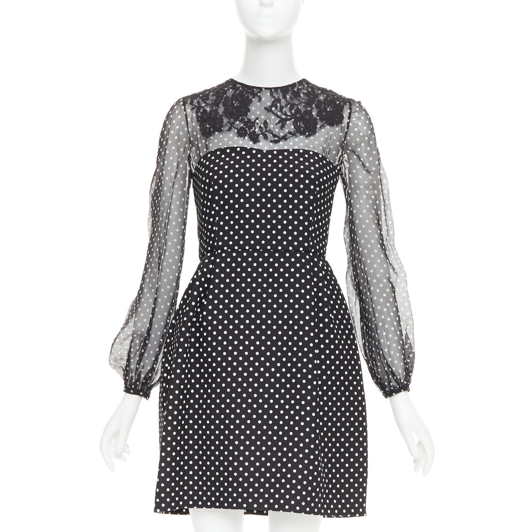 VALENTINO black white wool silk crepe polka dot lace overlay pleat dress IT40 S