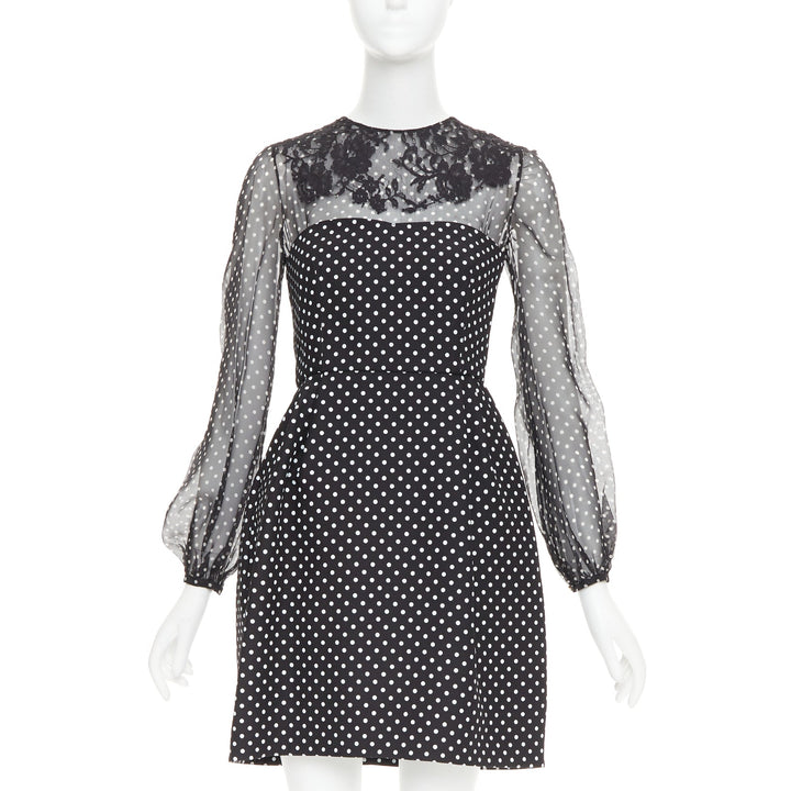 VALENTINO black white wool silk crepe polka dot lace overlay pleat dress IT40 S