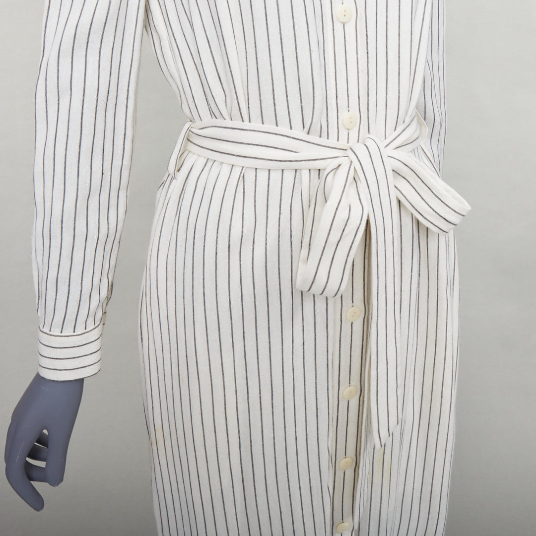 TIBI cream grey pinstriped off shoulder black contrast tie waist dress US4 S