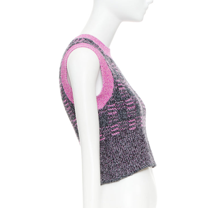 CHANEL 2022 Runway check cc plaque fuchsia trim cropped cashmere knit vest FR38
