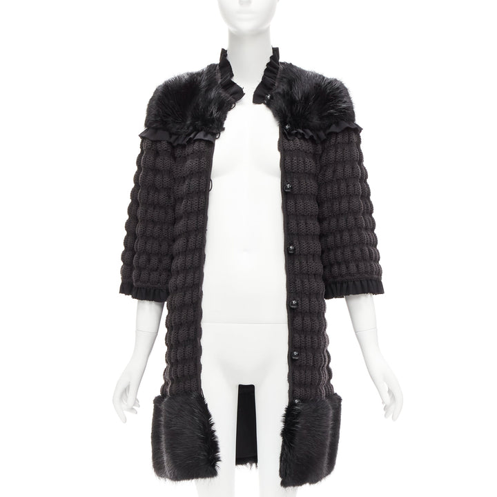 FENDI black fur panel virgin wool crochet chunky knit bell coat IT40 S