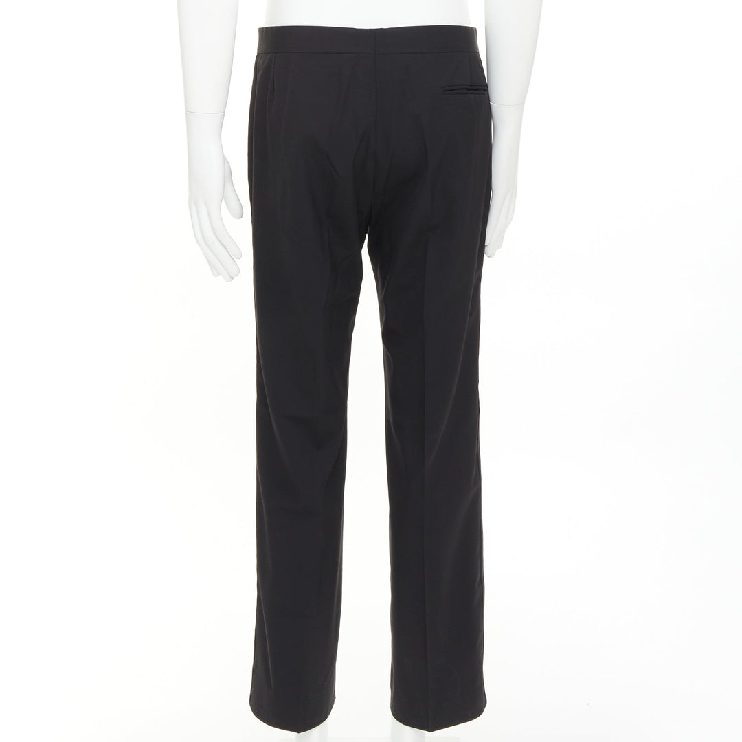 HERMES black wool blend satin trim side handstitched mid waist trousers IT50 XL
