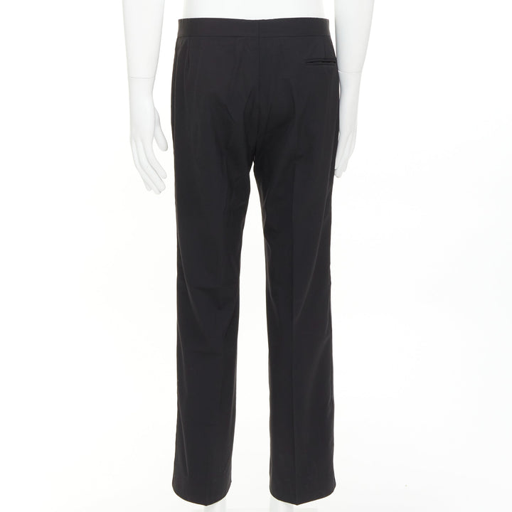 HERMES black wool blend satin trim side handstitched mid waist trousers IT50 XL