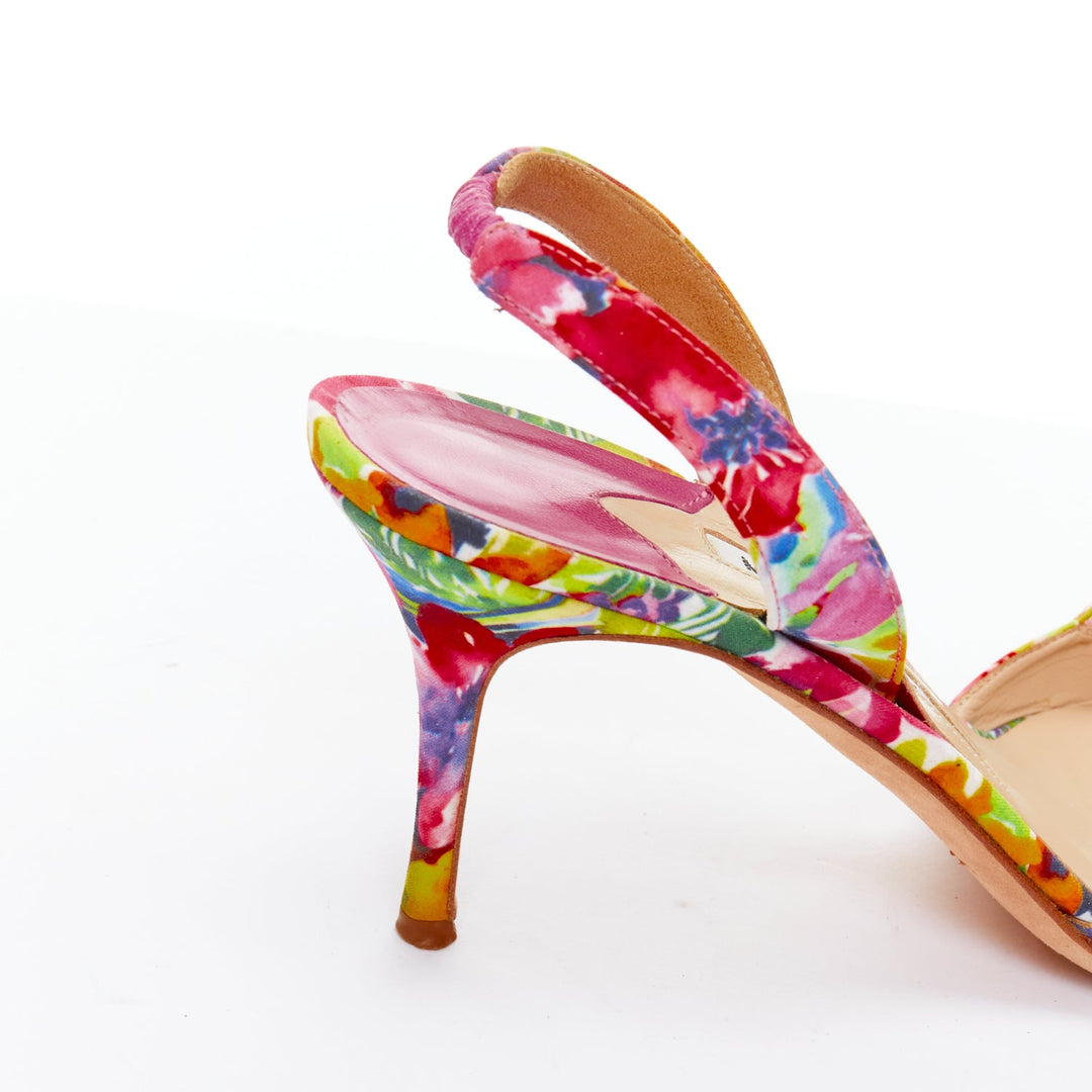 Female mannequin wearing Manolo Blahnik Multicolour Satin Women Heels in Size EU39 | Available at JHROP