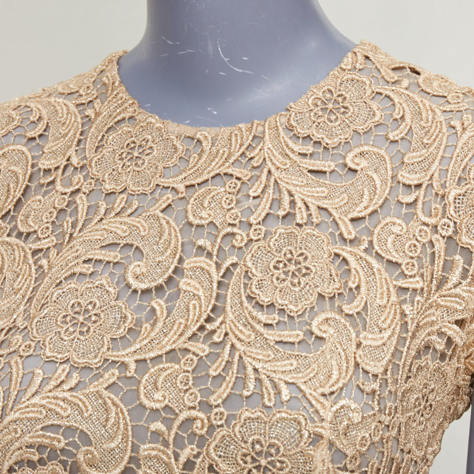 PRADA 2008 Vintage gold metallic 3D guipure lace cap sleeve dress IT38 XS