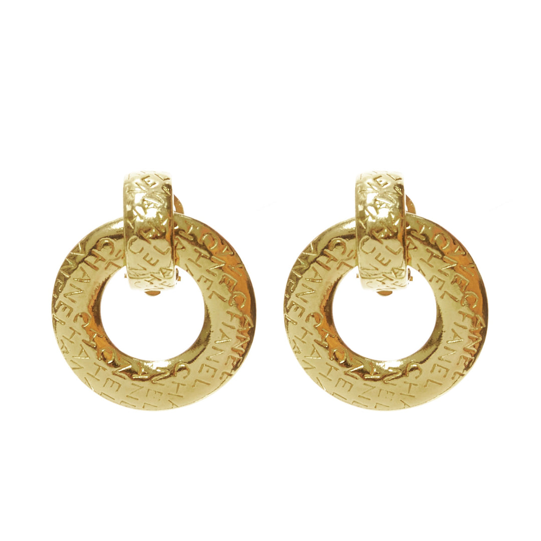 CHANEL Vintage gold etched CC logo monogram drop ring oversized clip on earrings