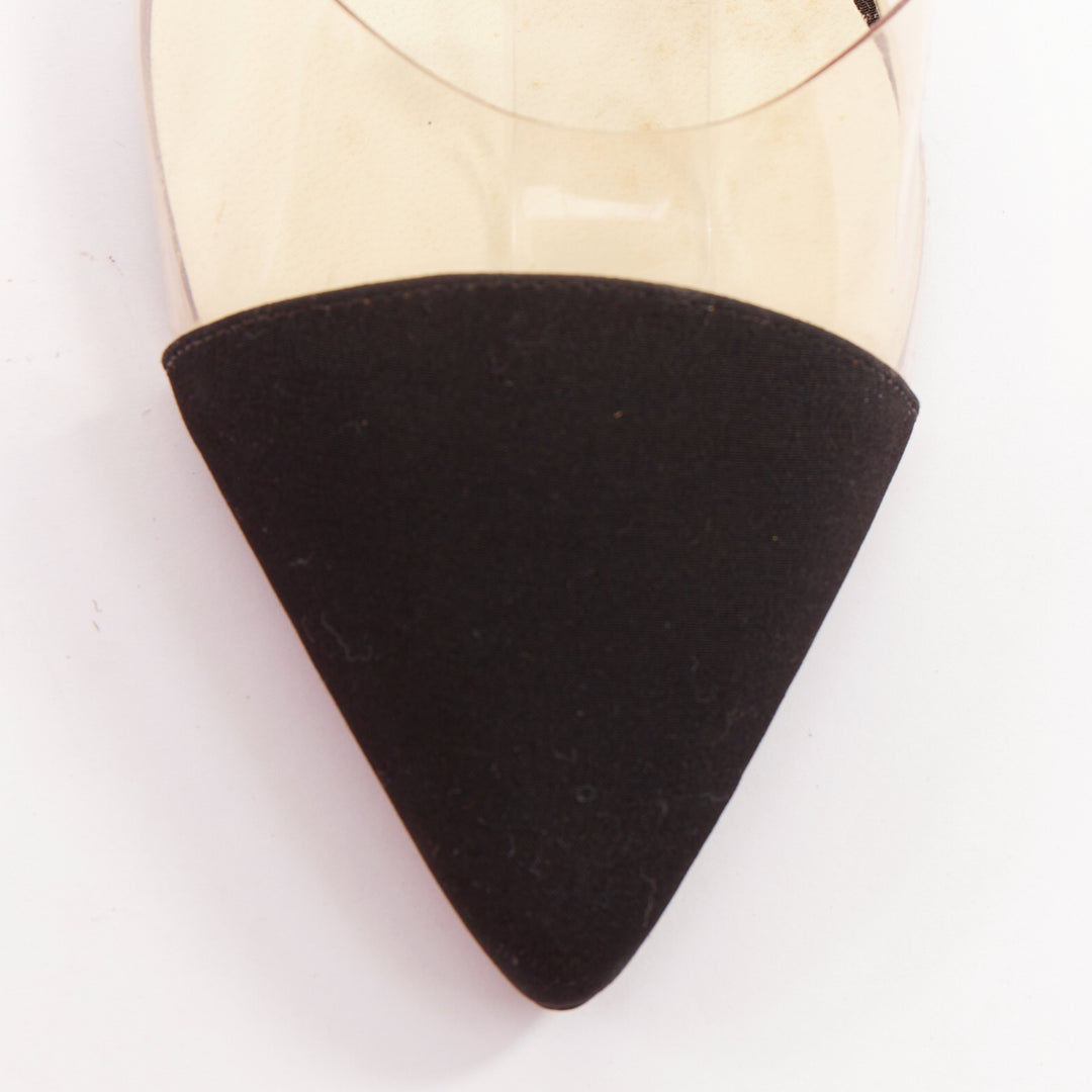 CHANEL 2013 Runway black satin clear PVC plexi CC logo cap toe pump EU38.5
