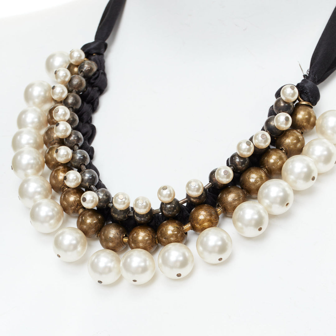LANVIN Collier multi pearl beads black ribbon statement necklace
