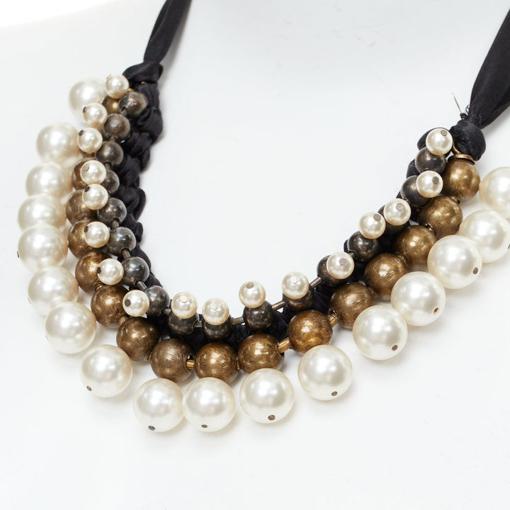 LANVIN Collier multi pearl beads black ribbon statement necklace