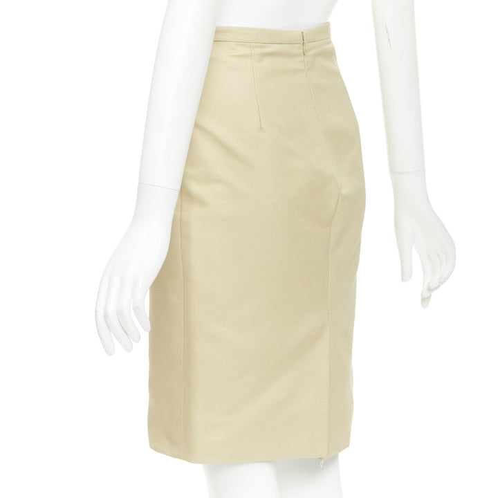 VALENTINO khaki cotton silk darted high waist back slit pencil skirt US2 S