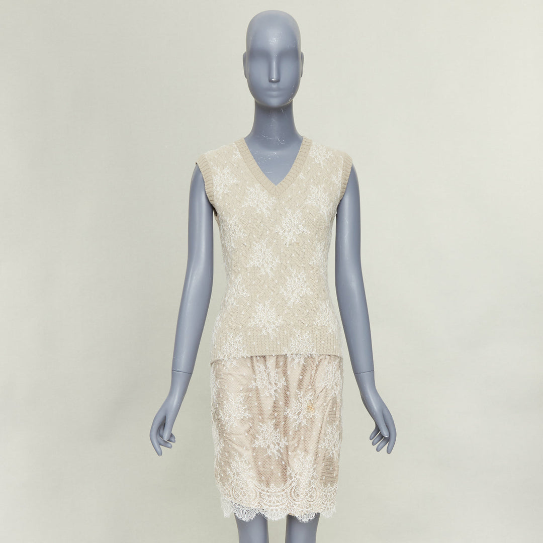 LOUIS VUITTON beige wool cream lace overlay V neck sleeveless knit dress S