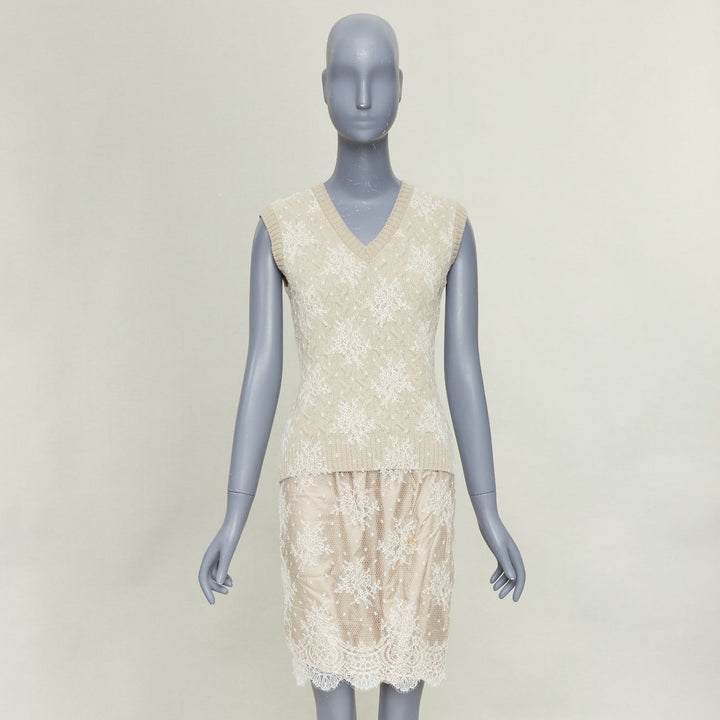 LOUIS VUITTON beige wool cream lace overlay V neck sleeveless knit dress S