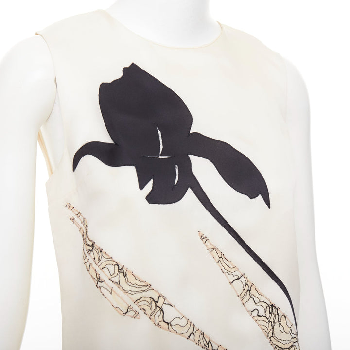 DIOR Raf Simons 2014 Runway silk ivory black floral applique shift dress FR36 S