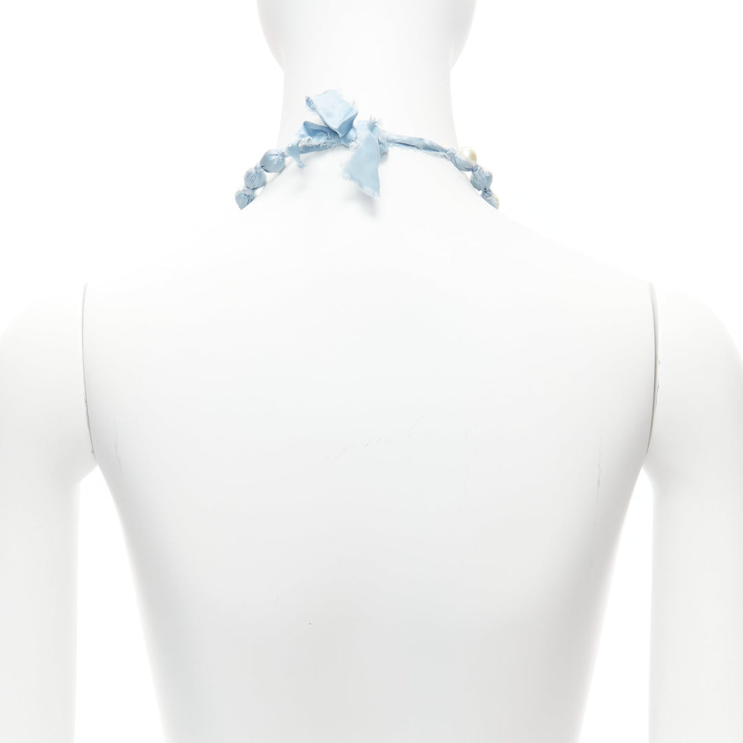 LANVIN ALBER ELBAZ cream pearl blue silk ribbon wrap long necklace
