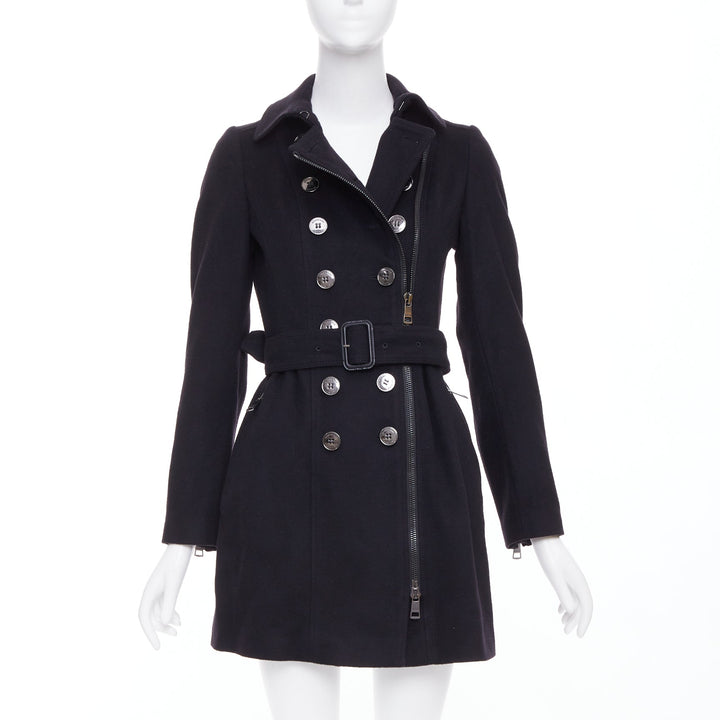BURBERRY black virgin wool cashmere asymmetric zip belted trench coat UK4 XXS