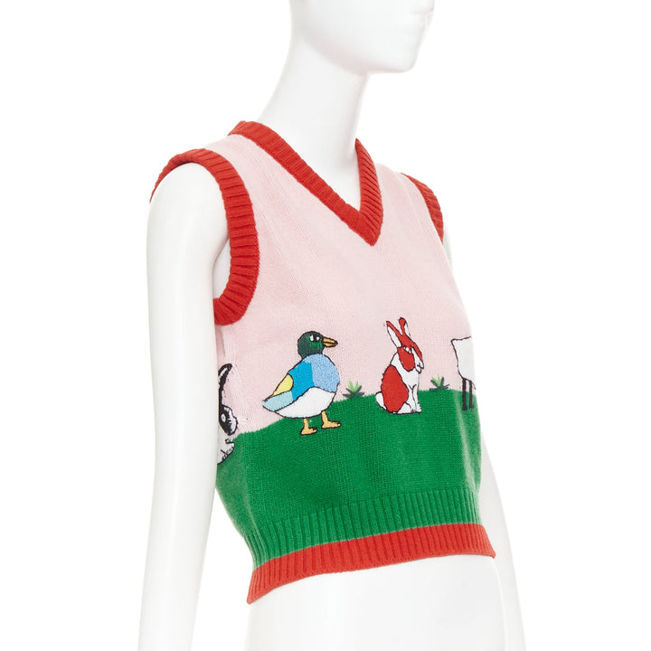 GUCCI 2017 pink green farmyard animal intarsia wool knit sweater vest XS