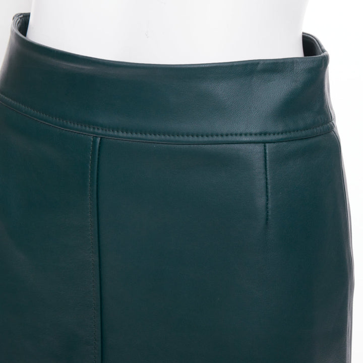 BOSS dark green panelled lambskin leather exposed silver zip pencil skirt US2 S