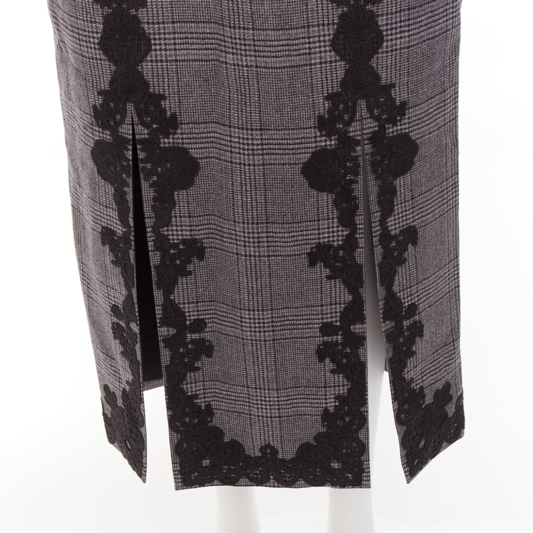 JONATHAN SIMKHAI grey wool houndstooth lace applique slit pencil skirt US4 S