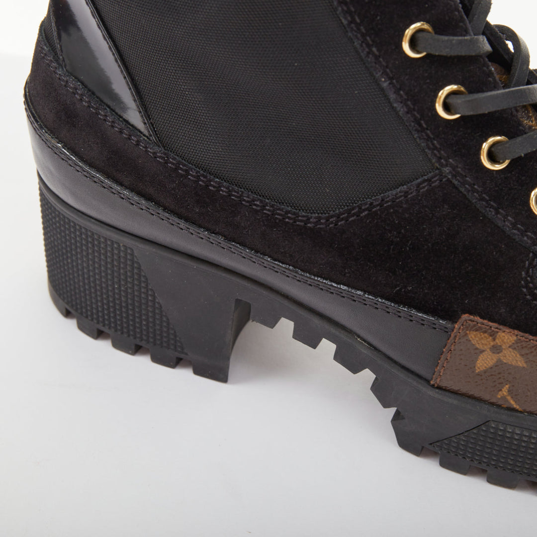 LOUIS VUITTON Laureate platform monogram black suede desert combat boot EU39 US9