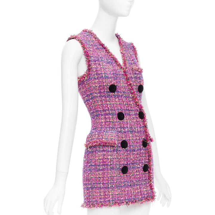 BALMAIN multicolor pink tweed black velvet buttons vest dress FR34 XS